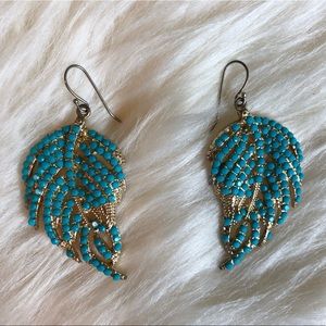 Gold and Turquoise Enamel Feather Earrings